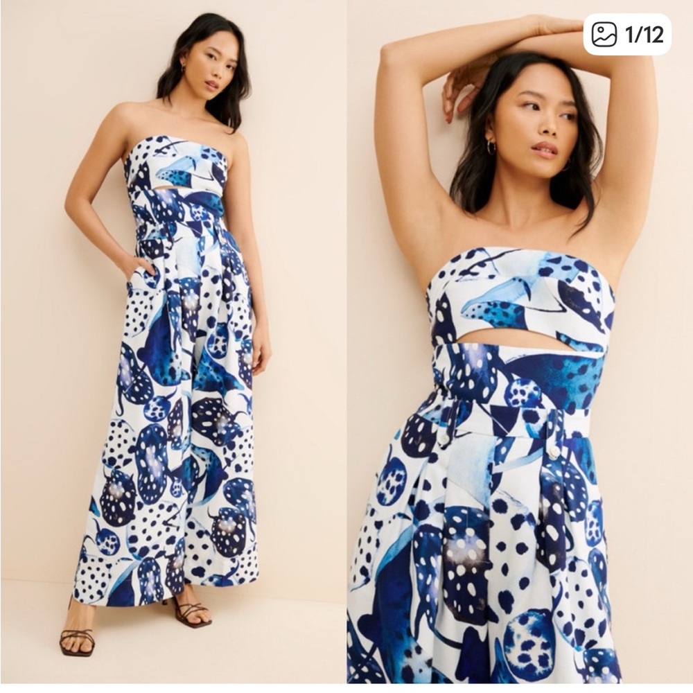 FARM Rio Strapless Wide-Leg Jumpsuit in Navy & White Abstract Print